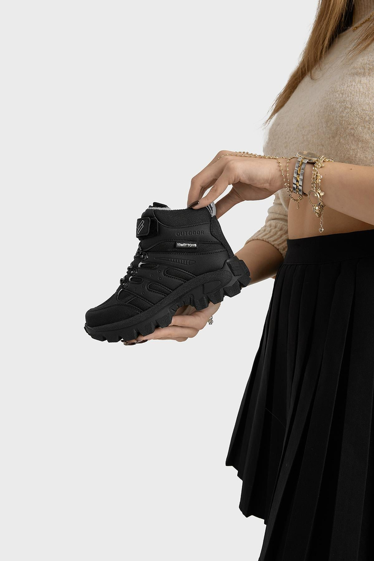 Kalın Kauçuk Taban Lastik Bağcıklı Cırtlı Çocuk Unisex Siyah Sax Outdoor Trekking Bot TBKMN340
