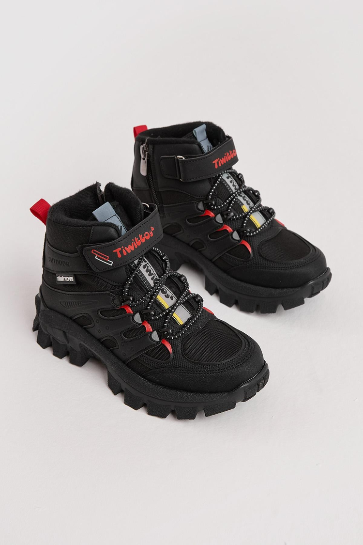 Kalın Kauçuk Taban Lastik Bağcıklı Cırtlı Çocuk Unisex Siyah Kırmızı Outdoor Trekking Bot TBKMN340