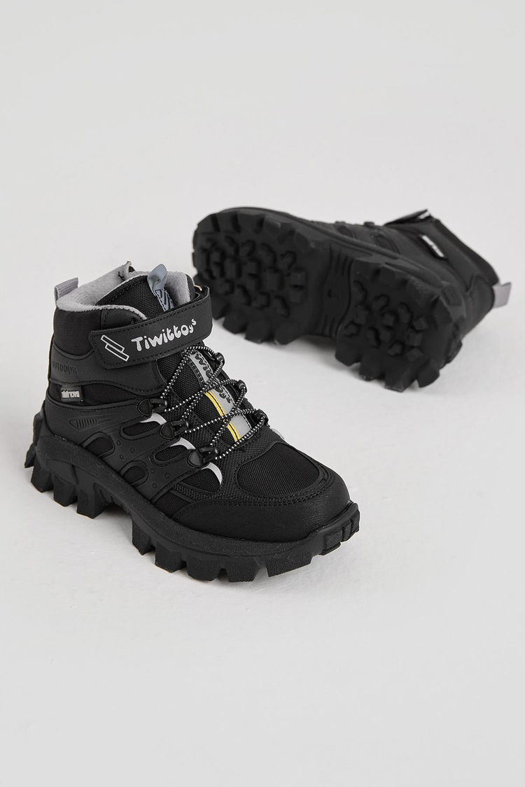 Kalın Kauçuk Taban Lastik Bağcıklı Cırtlı Çocuk Unisex Siyah Gri Outdoor Trekking Bot TBKMN340