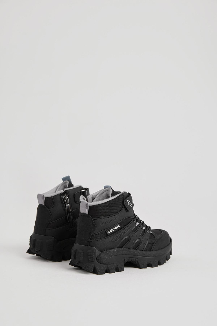 Kalın Kauçuk Taban Lastik Bağcıklı Cırtlı Çocuk Unisex Siyah Gri Outdoor Trekking Bot TBKMN340