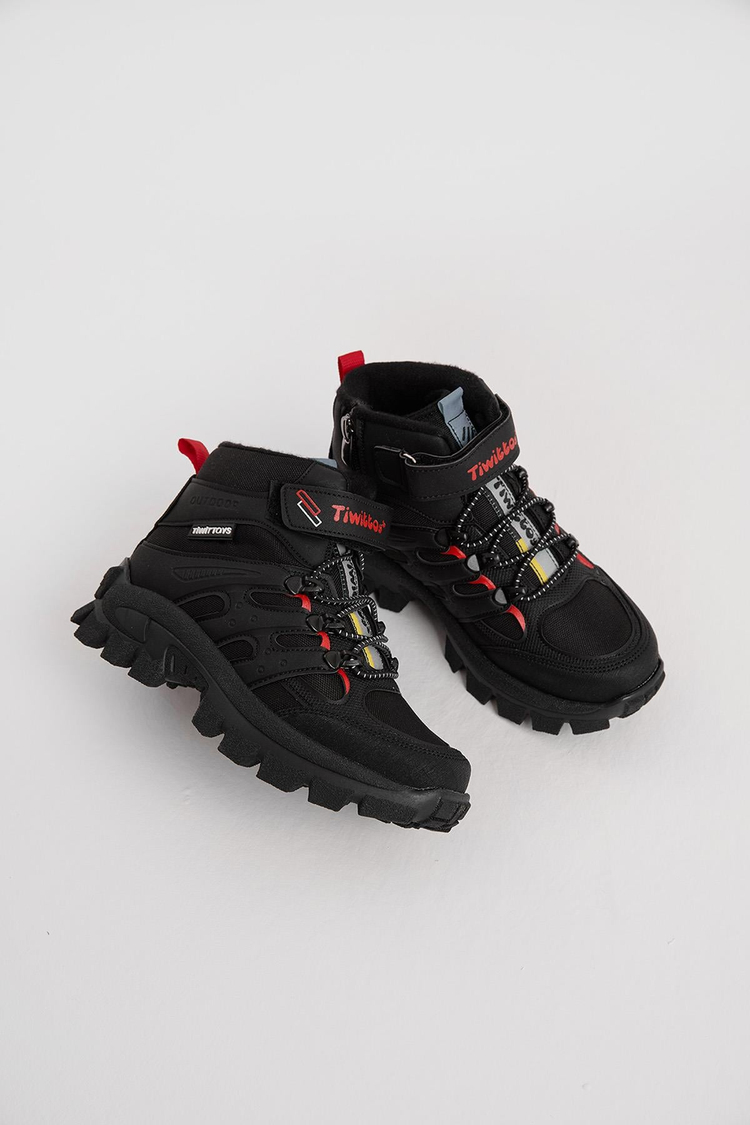 Kalın Kauçuk Taban Lastik Bağcıklı Cırtlı Çocuk Unisex Siyah Kırmızı Outdoor Trekking Bot TBKMN340