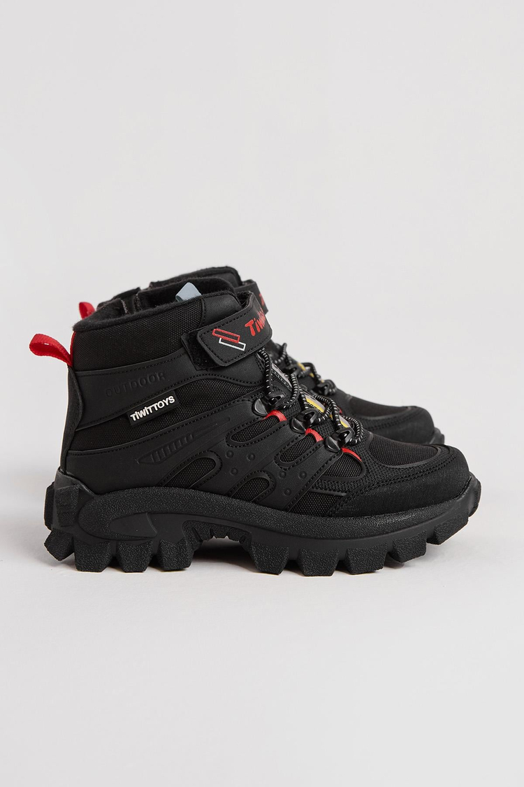 Kalın Kauçuk Taban Lastik Bağcıklı Cırtlı Çocuk Unisex Siyah Kırmızı Outdoor Trekking Bot TBKMN340