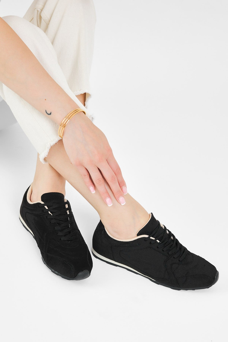 Kauçuk Taban Nefes Alabilen Bağcıklı Sneaker Kadın Siyah Süet Sneaker TBKLC010
