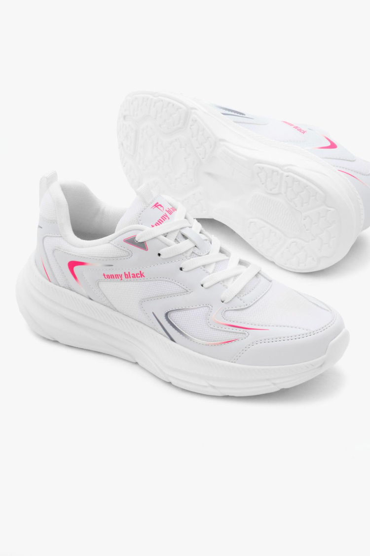 Nefes Alabilen Kumaş Faylon Taban Bağcıklı Unisex Beyaz Fuşya Spor Ayakkabı TBALS015