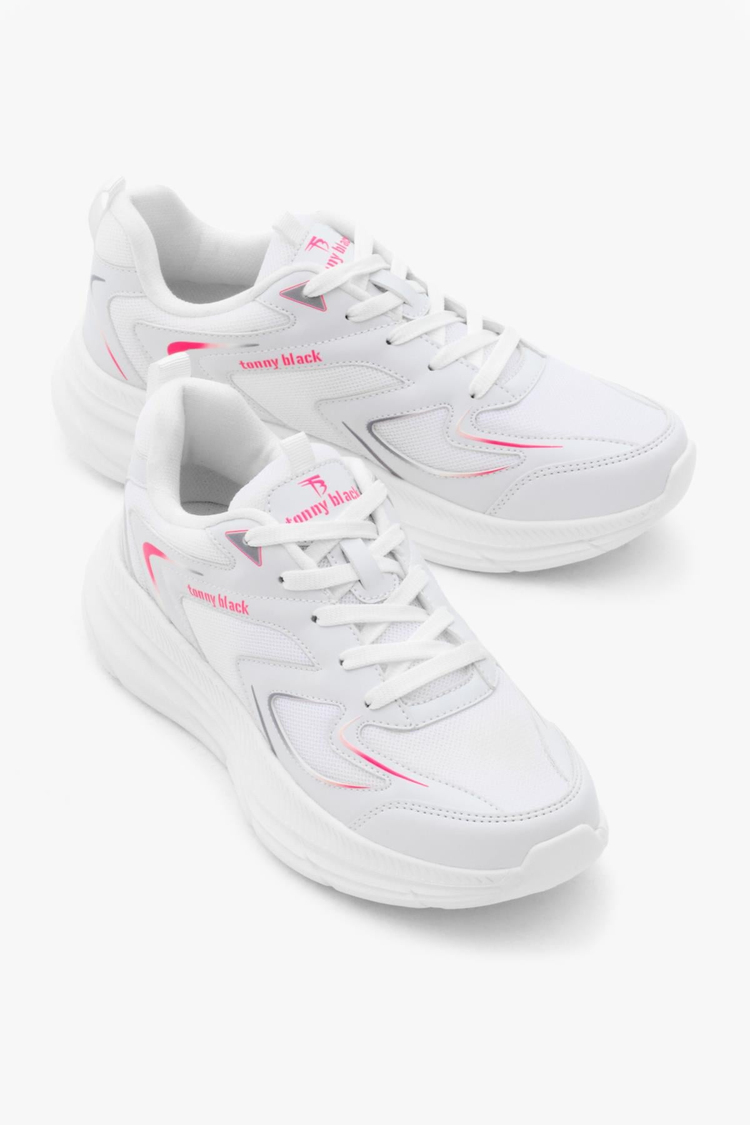 Nefes Alabilen Kumaş Faylon Taban Bağcıklı Unisex Beyaz Fuşya Spor Ayakkabı TBALS015