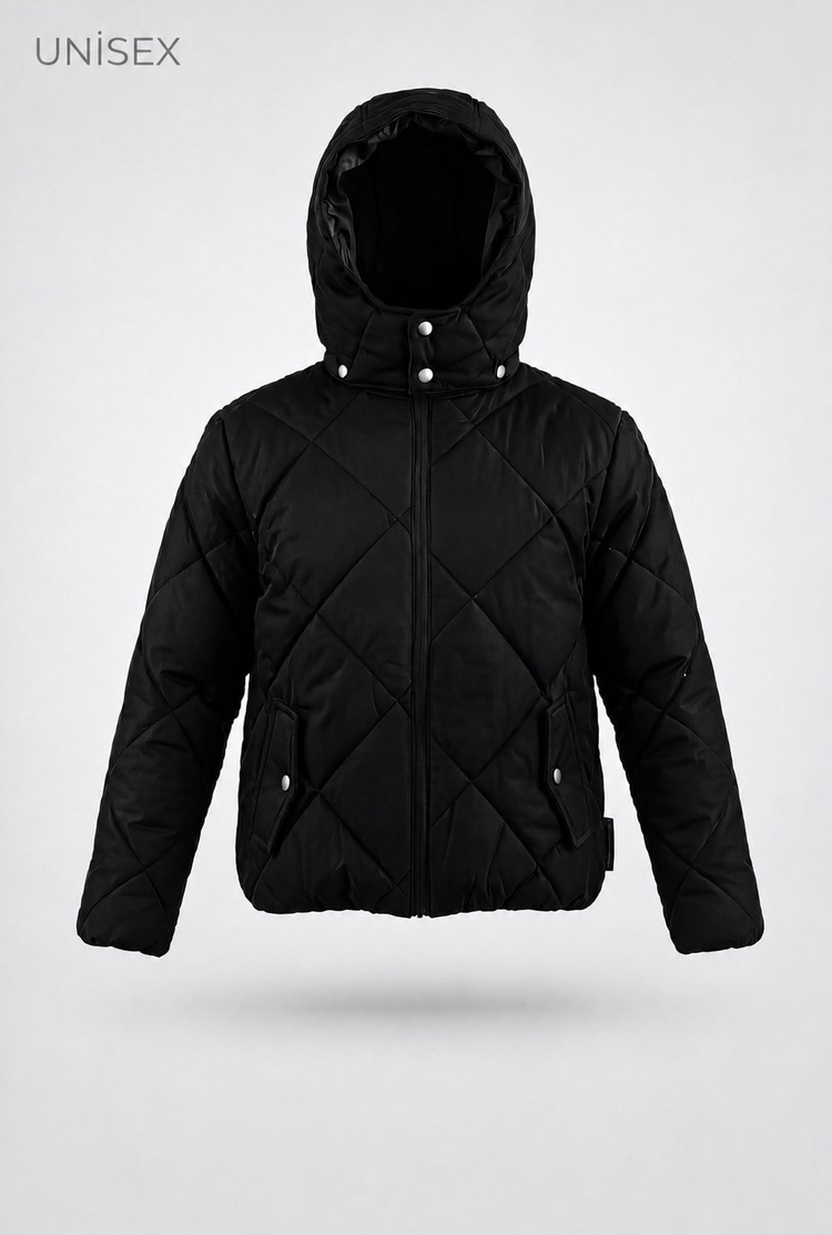 Normal Kalıp Baklava Detaylı Kapüşonlu Mont Çocuk Unisex Siyah Mat  TBDRV015