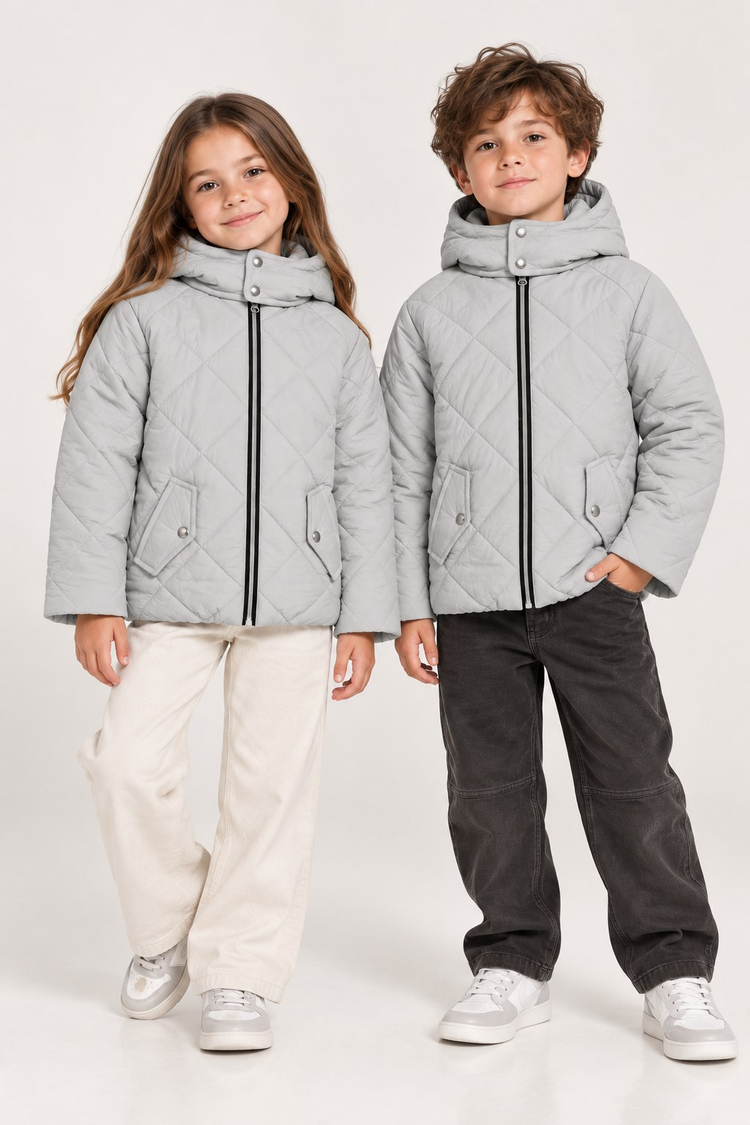 Normal Kalıp Baklava Detaylı Kapüşonlu Mont Çocuk Unisex Gri  TBDRV015
