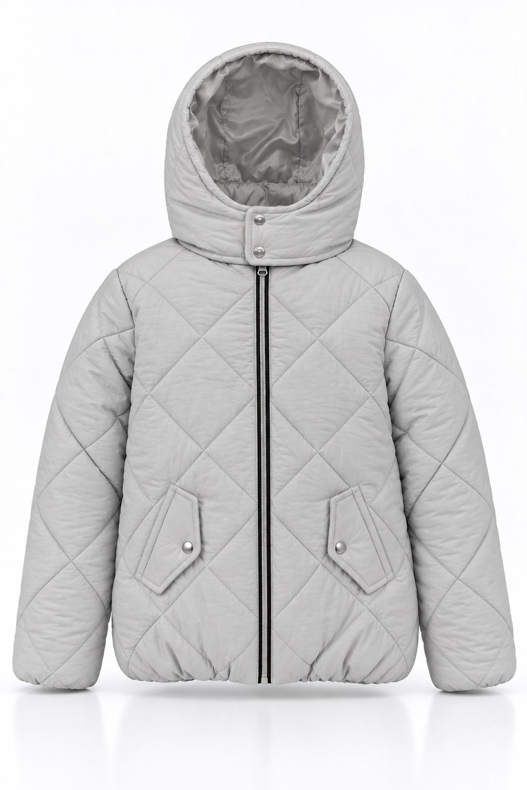 Normal Kalıp Baklava Detaylı Kapüşonlu Mont Çocuk Unisex Gri  TBDRV015