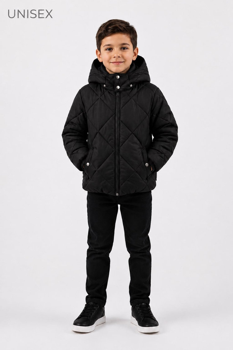 Normal Kalıp Baklava Detaylı Kapüşonlu Mont Çocuk Unisex Siyah Mat  TBDRV015