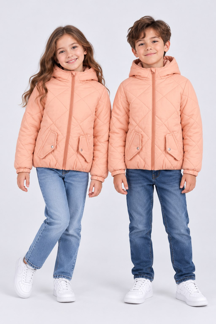 Normal Kalıp Baklava Detaylı Kapüşonlu Mont Çocuk Unisex Pembe Mont TBDRV015-1A