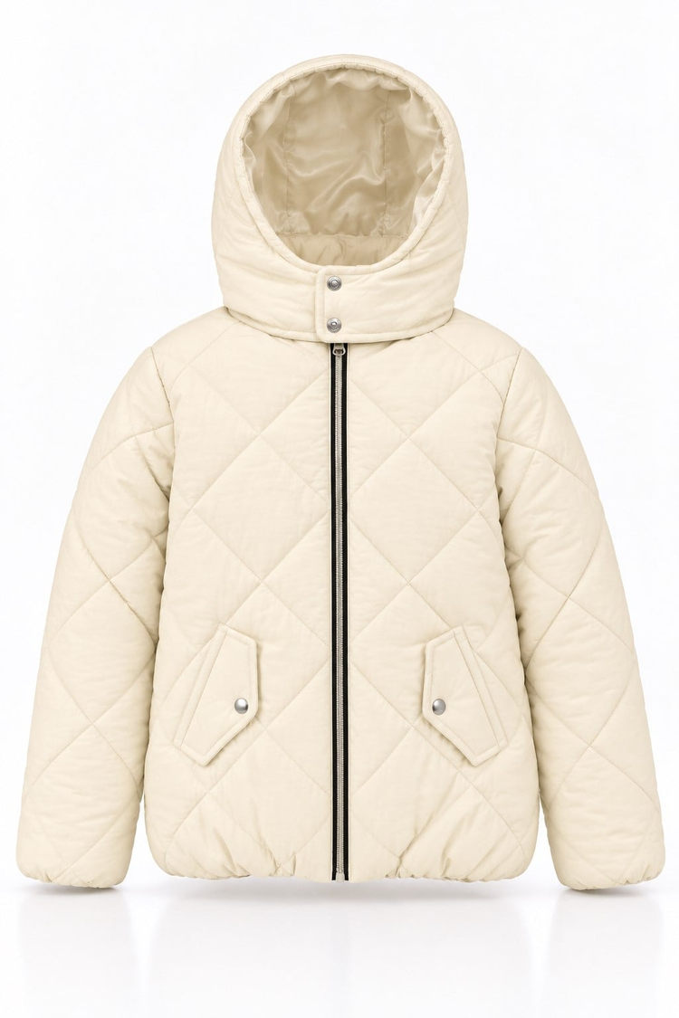Normal Kalıp Baklava Detaylı Kapüşonlu Mont Çocuk Unisex Krem  TBDRV015
