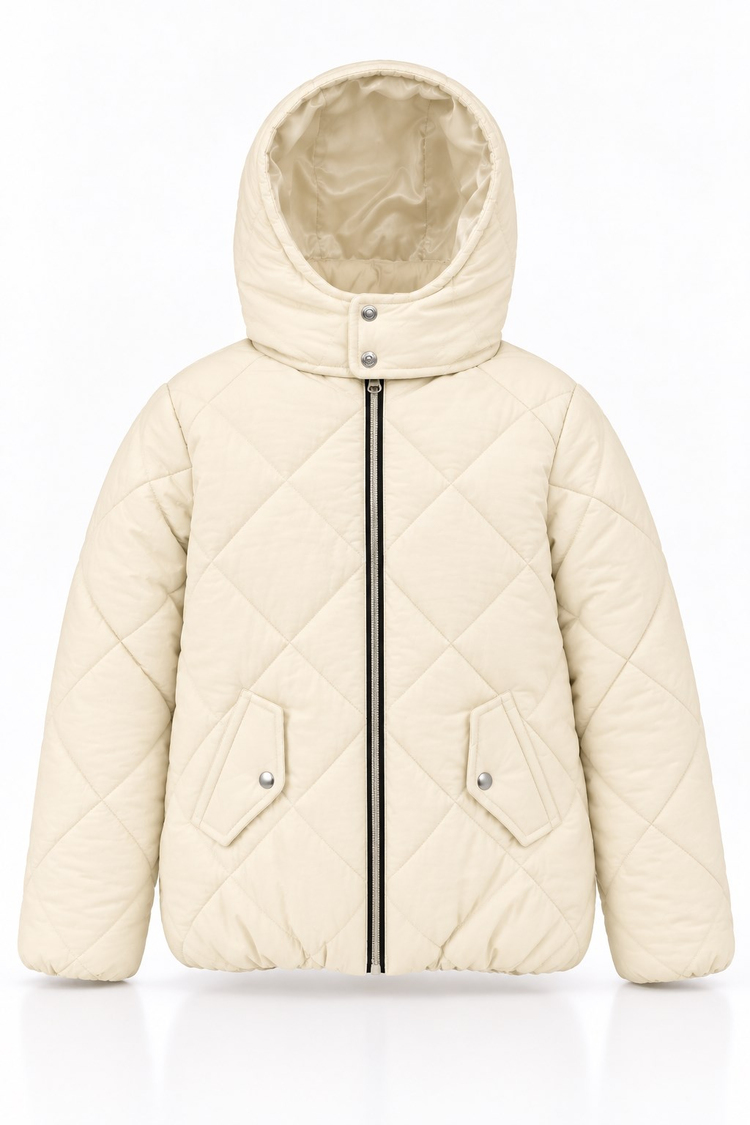 Normal Kalıp Baklava Detaylı Kapüşonlu Mont Çocuk Unisex Krem Mont TBDRV015-1A