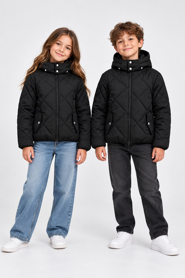 Normal Kalıp Baklava Detaylı Kapüşonlu Mont Çocuk Unisex Siyah Mat Mont TBDRV015-1A