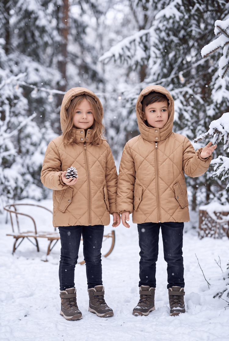 Normal Kalıp Baklava Detaylı Kapüşonlu Mont Çocuk Unisex Vizon  TBDRV015