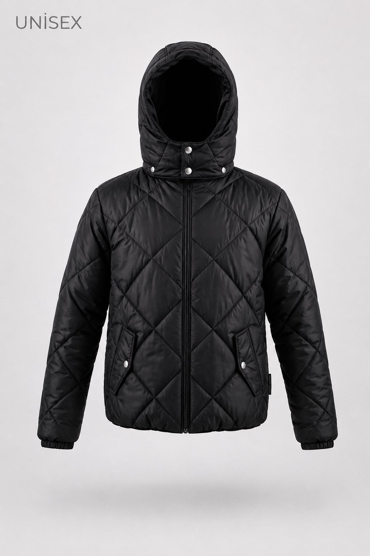 Normal Kalıp Baklava Detaylı Kapüşonlu Mont Çocuk Unisex Siyah  TBDRV015