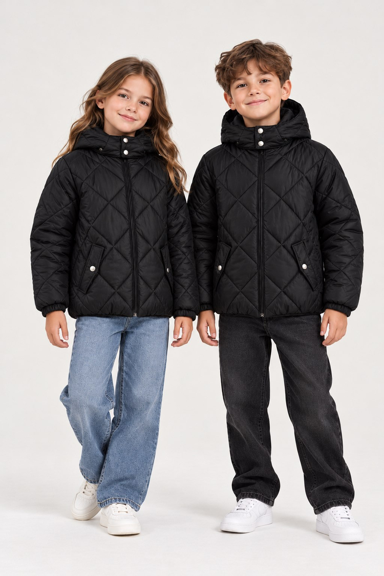 Normal Kalıp Baklava Detaylı Kapüşonlu Mont Çocuk Unisex Siyah Mont TBDRV015-1A