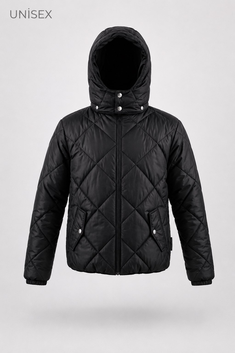 Normal Kalıp Baklava Detaylı Kapüşonlu Mont Çocuk Unisex Siyah Mont TBDRV015-1A