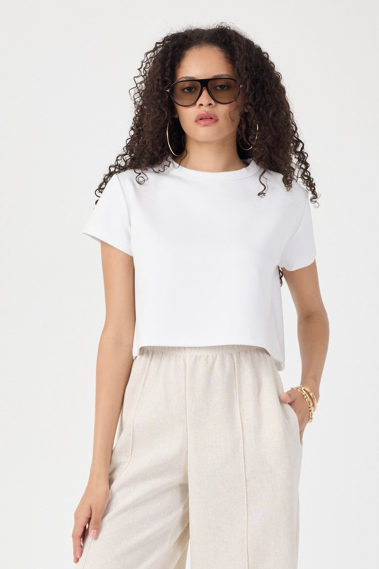 Normal Kalıp Çelik Interlook Kumaş T-Shirt Kadın Beyaz T-sHİRT TBTSHRT030