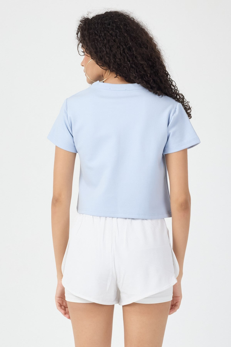 Normal Kalıp Çelik Interlook Kumaş T-Shirt Kadın Açık Mavi T-sHİRT TBTSHRT030