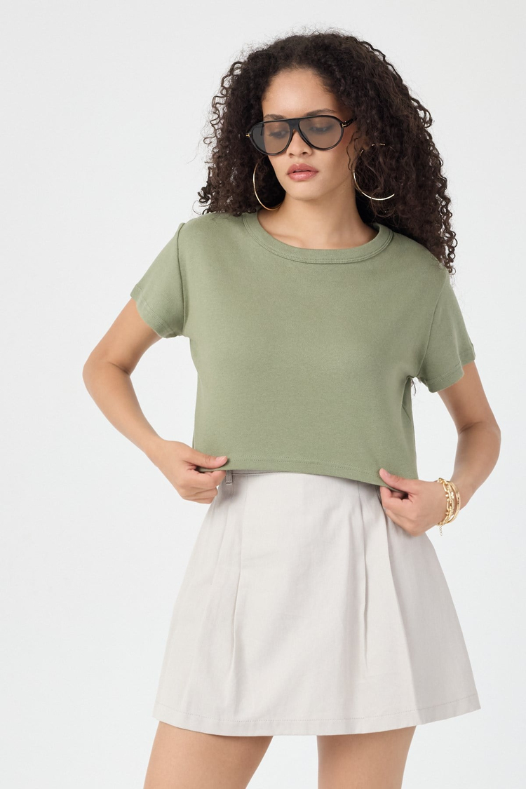 Normal Kalıp Çelik Interlook Kumaş T-Shirt Kadın Yeşil T-sHİRT TBTSHRT030
