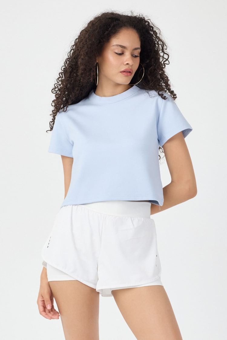 Normal Kalıp Çelik Interlook Kumaş T-Shirt Kadın Açık Mavi T-sHİRT TBTSHRT030