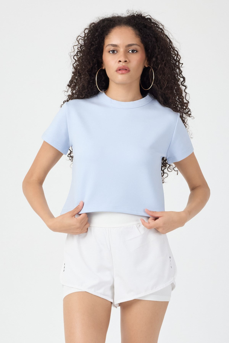 Normal Kalıp Çelik Interlook Kumaş T-Shirt Kadın Açık Mavi T-sHİRT TBTSHRT030