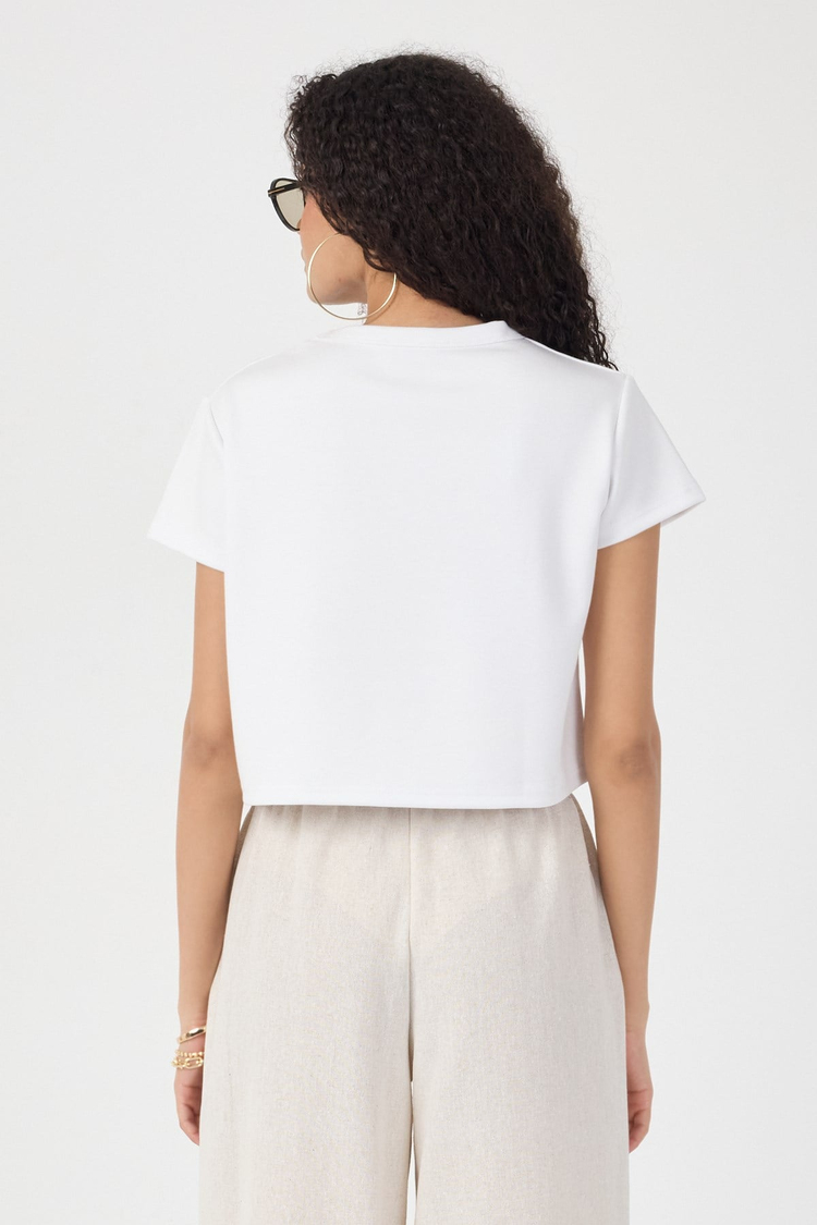 Normal Kalıp Çelik Interlook Kumaş T-Shirt Kadın Beyaz T-sHİRT TBTSHRT030