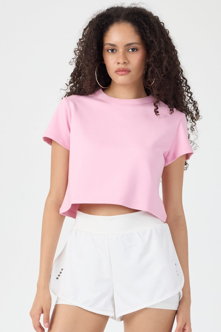 Normal Kalıp Çelik Interlook Kumaş T-Shirt Kadın Pembe T-sHİRT TBTSHRT030