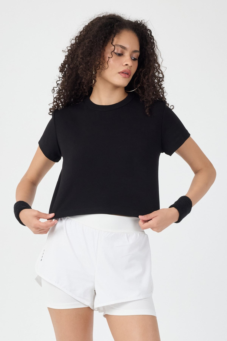 Normal Kalıp Çelik Interlook Kumaş T-Shirt Kadın Siyah T-sHİRT TBTSHRT030