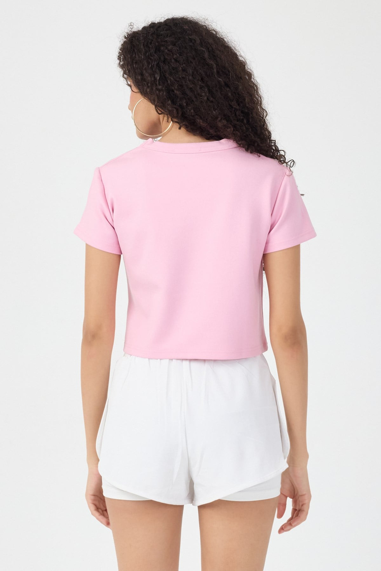 Normal Kalıp Çelik Interlook Kumaş T-Shirt Kadın Pembe T-sHİRT TBTSHRT030