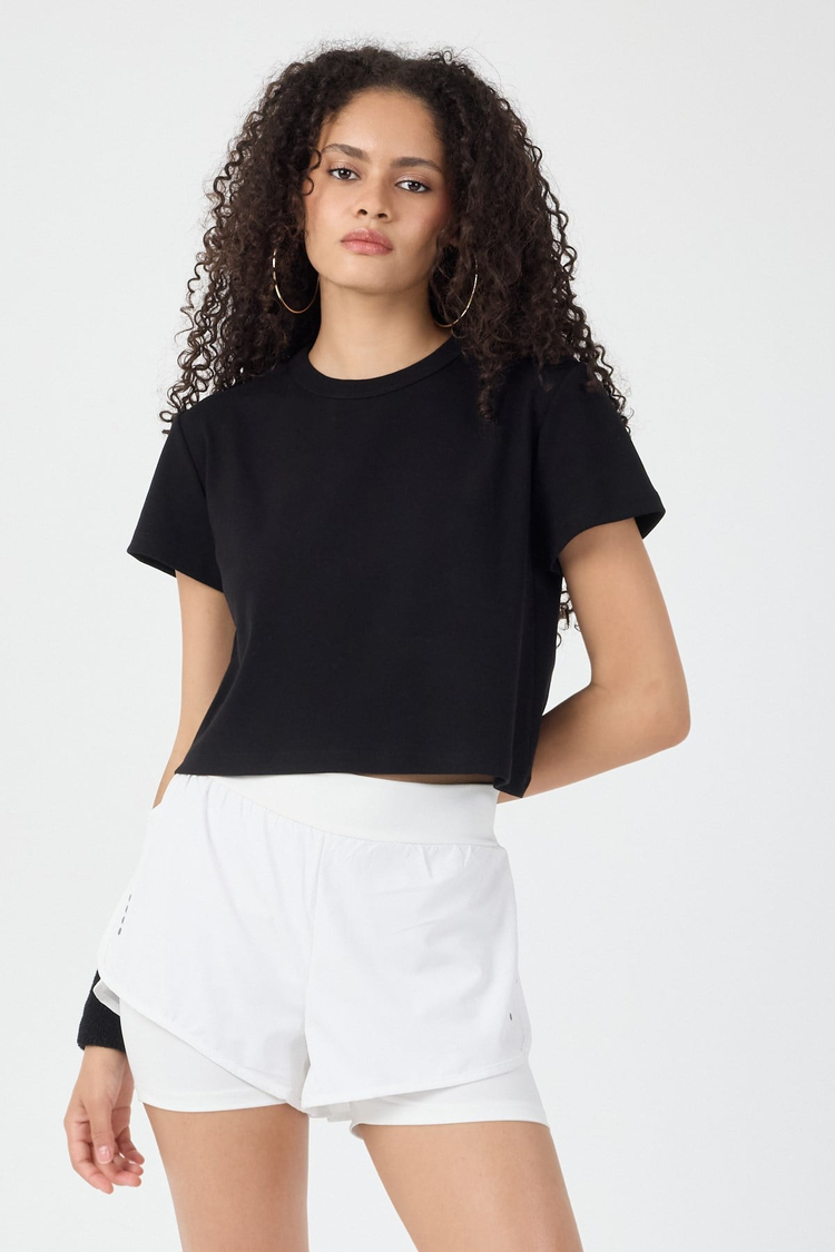 Normal Kalıp Çelik Interlook Kumaş T-Shirt Kadın Siyah T-sHİRT TBTSHRT030