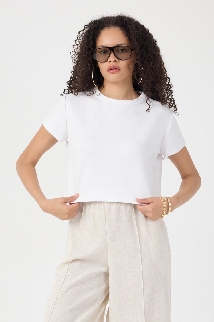 Normal Kalıp Çelik Interlook Kumaş T-Shirt Kadın Beyaz T-sHİRT TBTSHRT030
