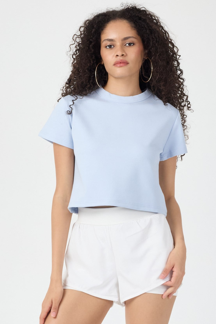 Normal Kalıp Çelik Interlook Kumaş T-Shirt Kadın Açık Mavi T-sHİRT TBTSHRT030