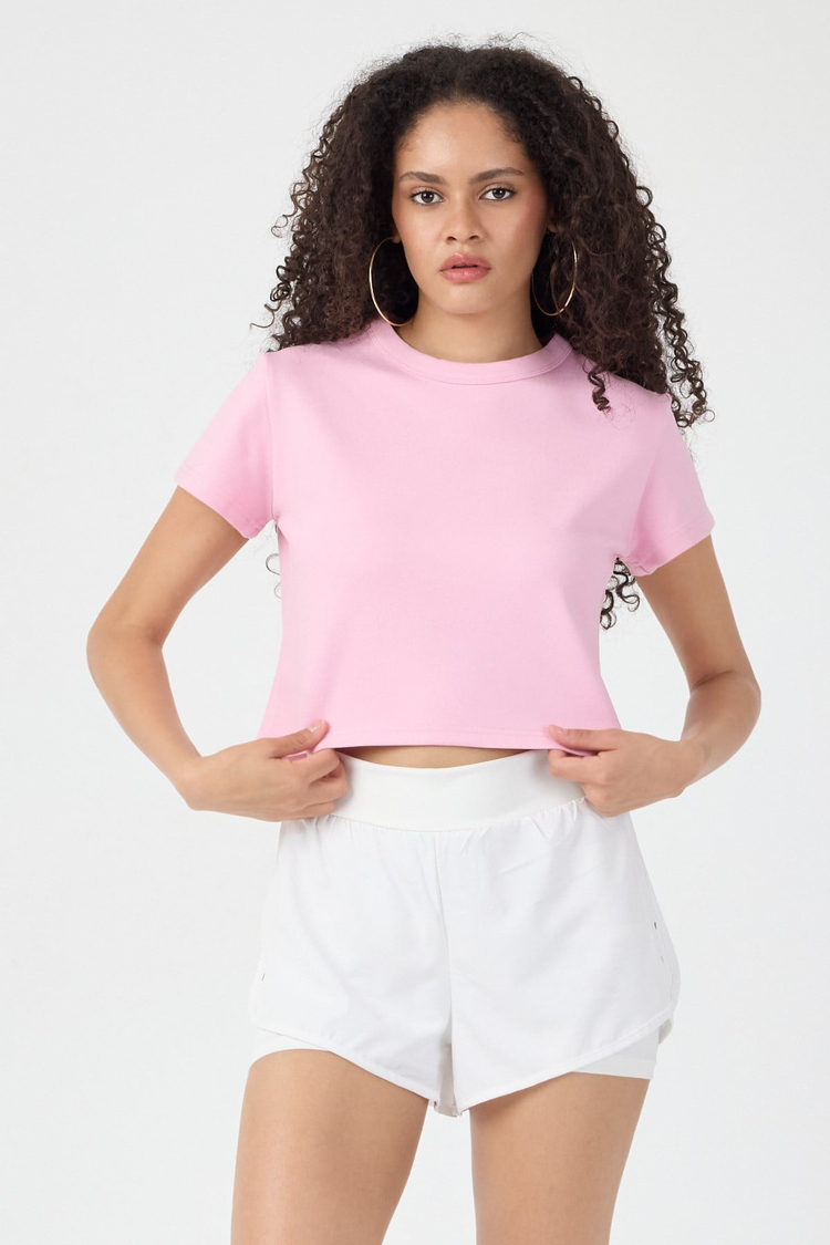 Normal Kalıp Çelik Interlook Kumaş T-Shirt Kadın Pembe T-sHİRT TBTSHRT030