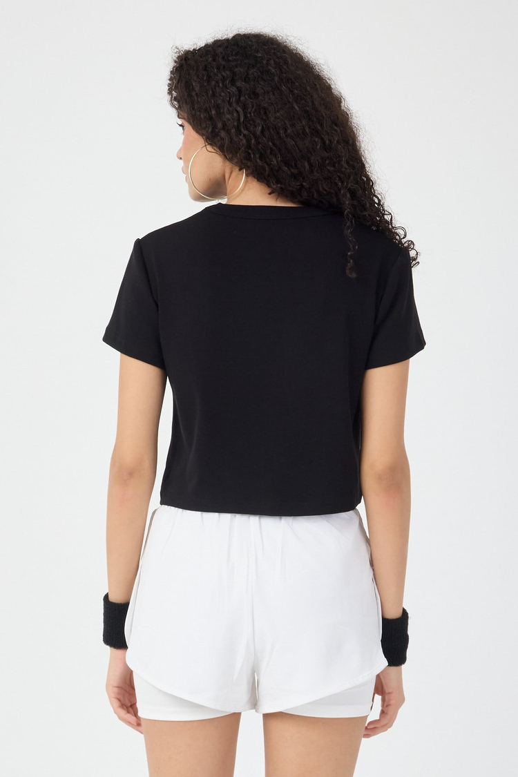 Normal Kalıp Çelik Interlook Kumaş T-Shirt Kadın Siyah T-sHİRT TBTSHRT030