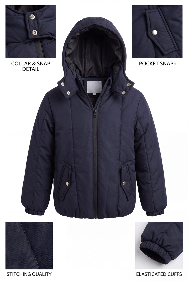 Normal Kalıp Düz Fermuarlı Kapüşonlu Mont Çocuk Unisex Lacivert Mont TBDRV020
