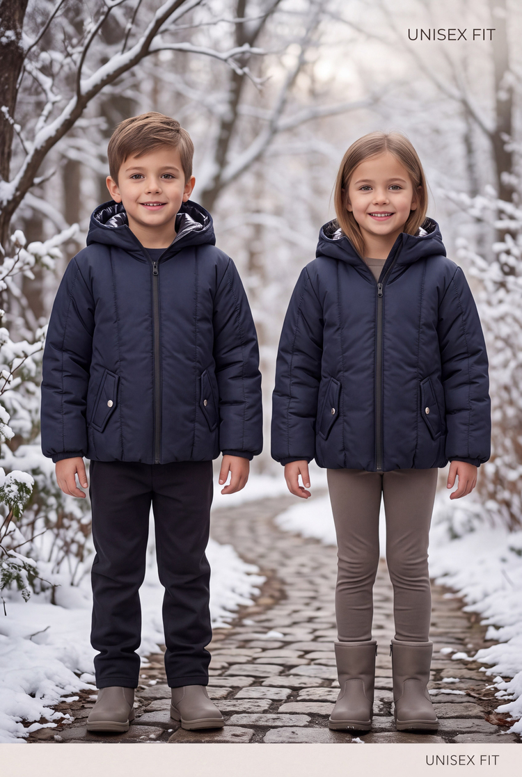Normal Kalıp Düz Fermuarlı Kapüşonlu Mont Çocuk Unisex Lacivert Mont TBDRV020