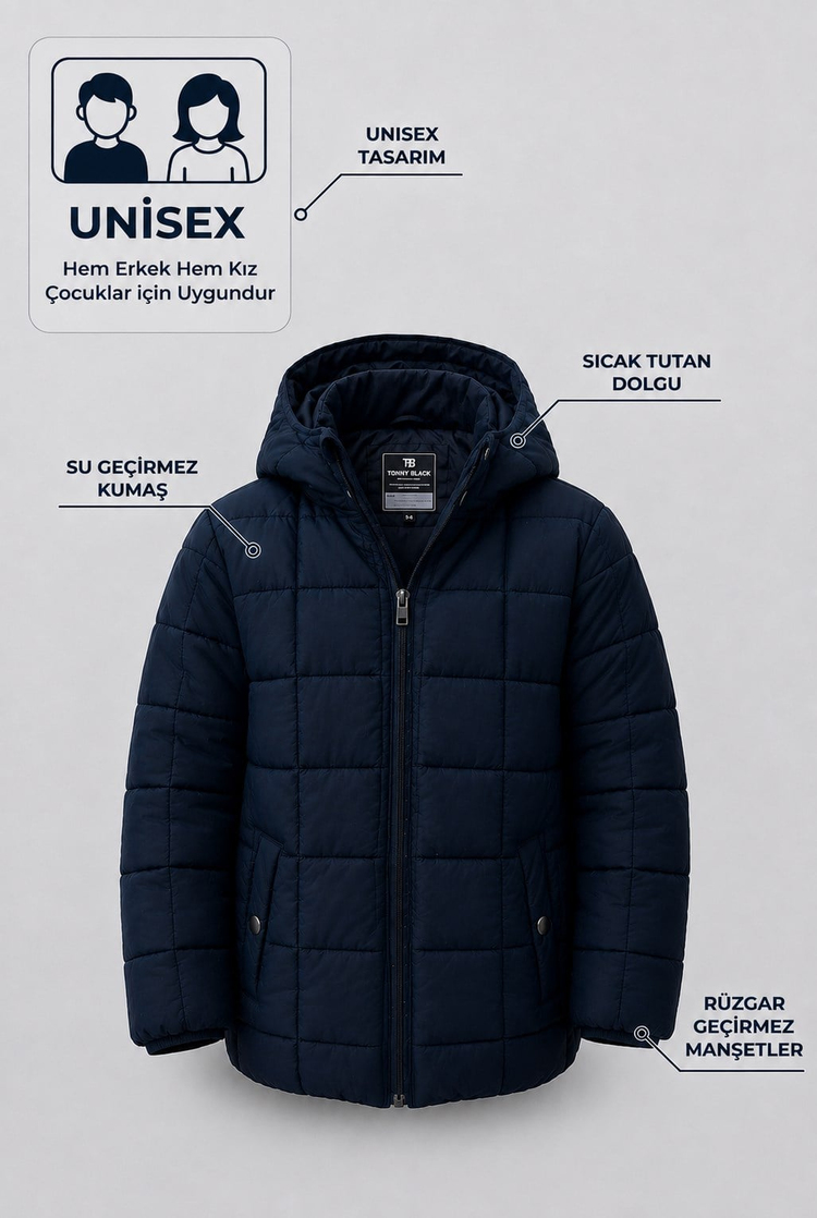 Normal Kalıp Kare Detaylı Kapüşonlu Mont Çocuk Unisex Lacivert Mont TBDRV005