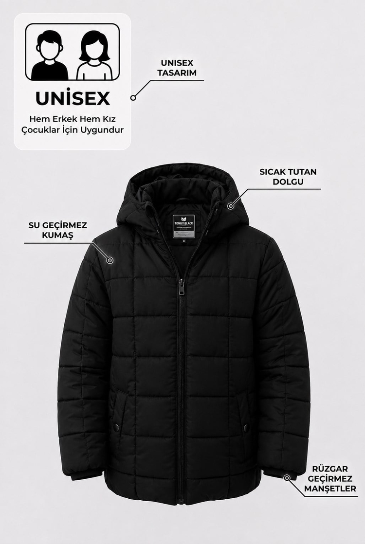 Normal Kalıp Kare Detaylı Kapüşonlu Mont Çocuk Unisex Siyah Mont TBDRV005