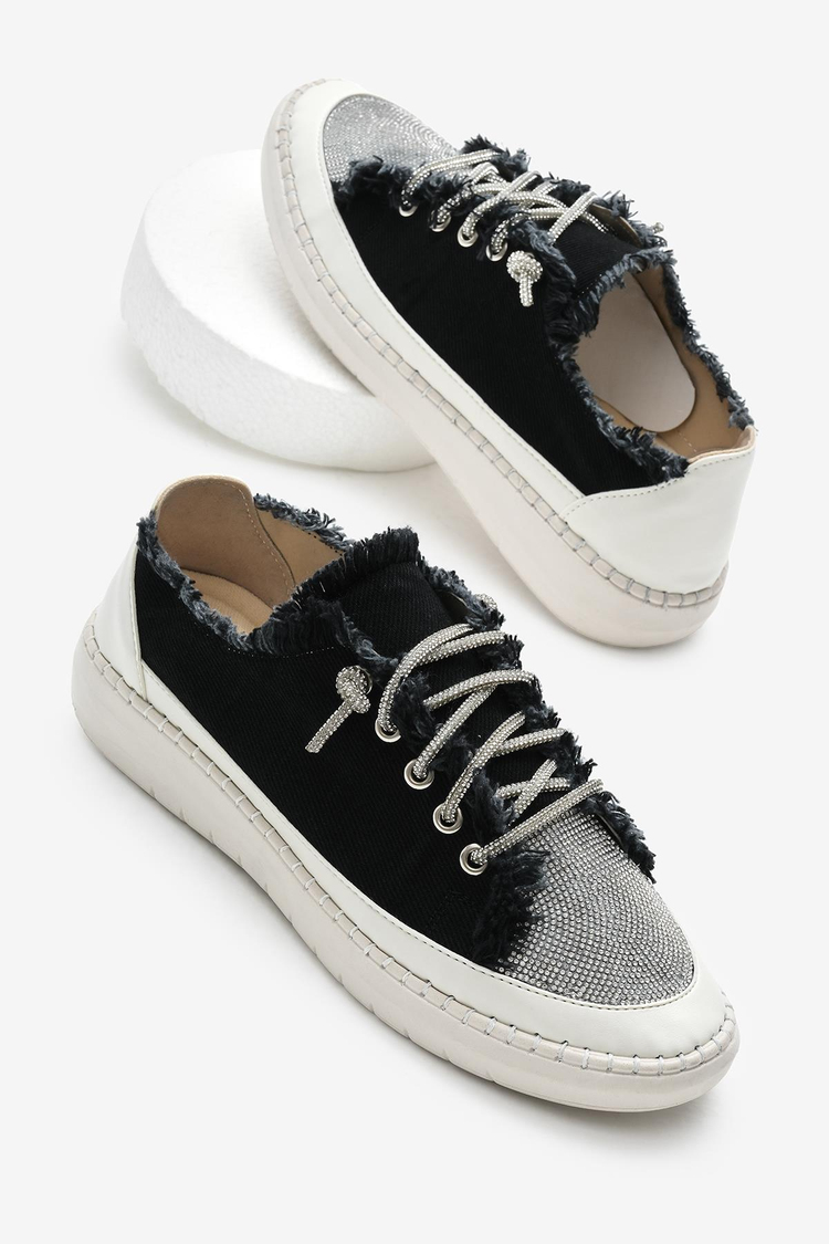 Poli Taban Denim Kumaş Taşlı Bağcıklı Kadın Siyah Spor Ayakkabı TBFZLCMC070