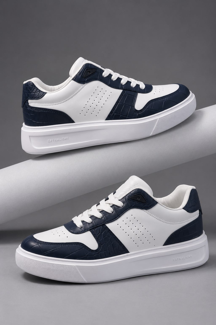 Rahat Kalıp Deri Detaylı Bağcıklı Sneaker Erkek Beyaz Lacivert Sneaker TBEKC1903