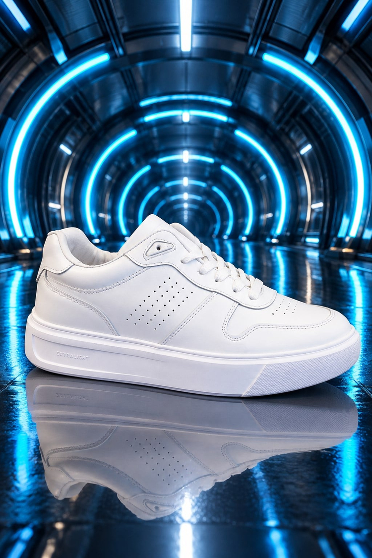 Rahat Kalıp Deri Detaylı Bağcıklı Sneaker Erkek Beyaz Sneaker TBEKC1903