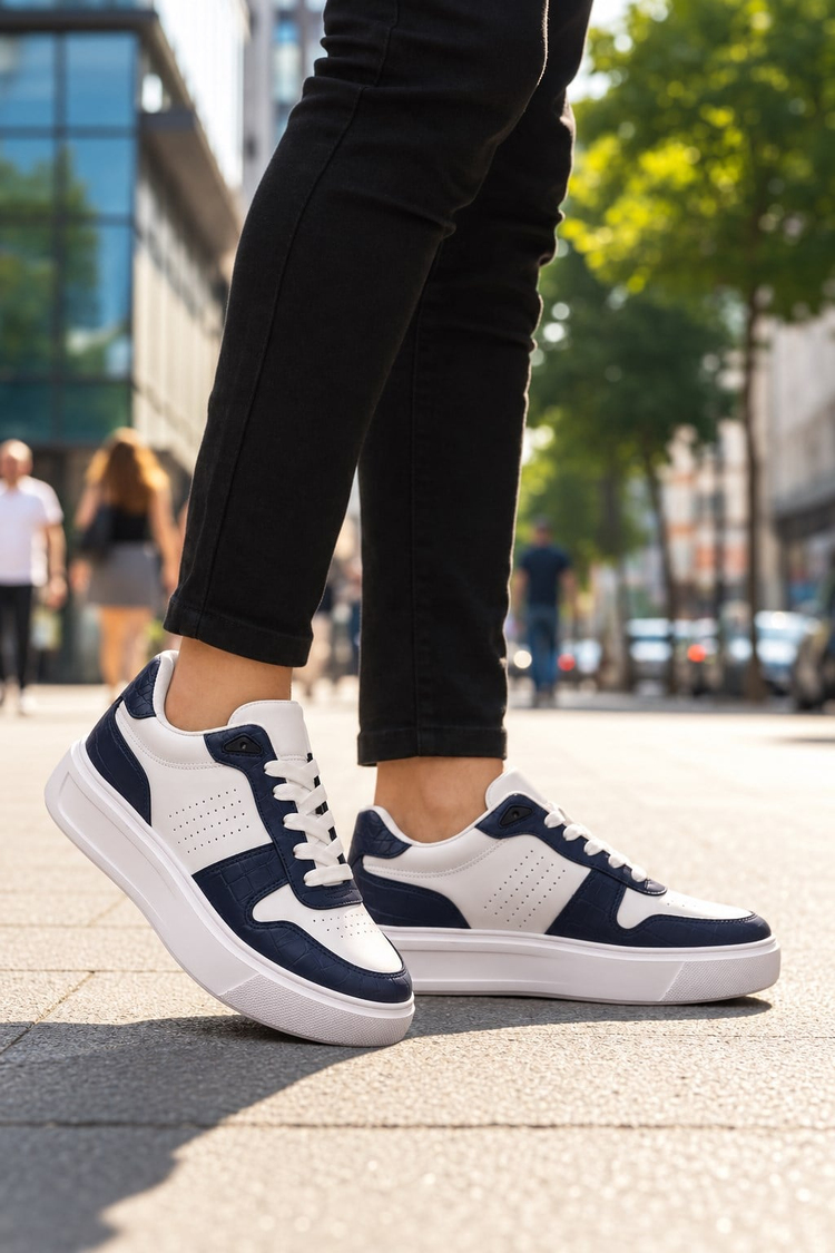 Rahat Kalıp Deri Detaylı Bağcıklı Sneaker Erkek Beyaz Lacivert Sneaker TBEKC1903