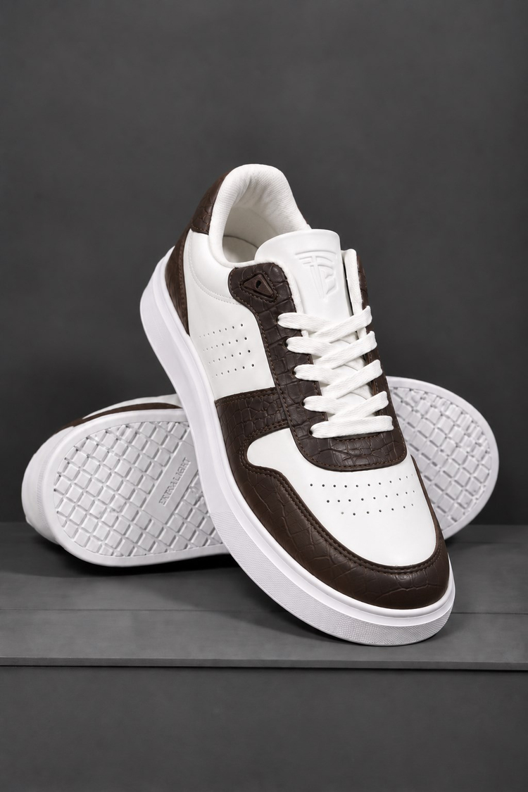 Rahat Kalıp Deri Detaylı Bağcıklı Sneaker Erkek Beyaz Kahve Sneaker TBEKC1903