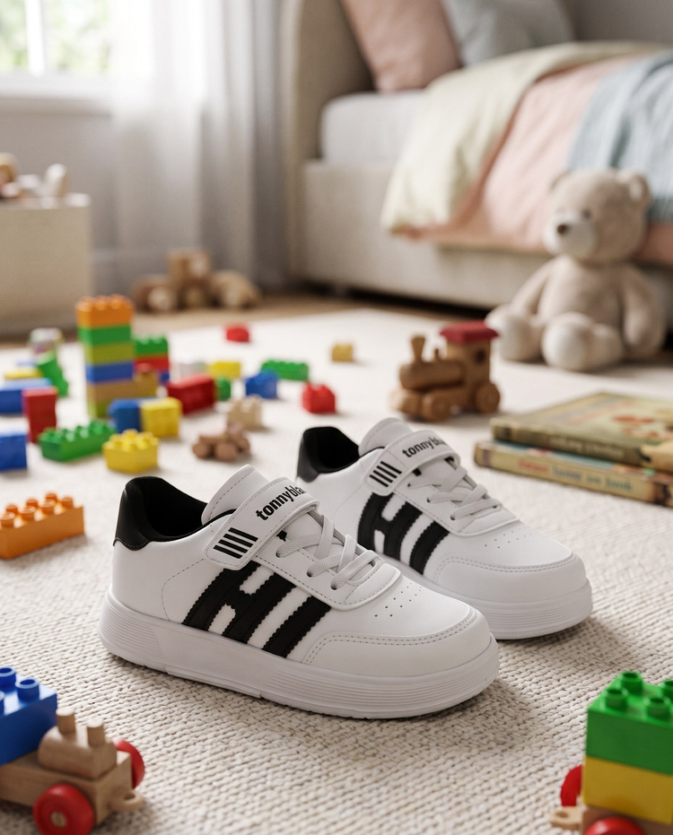 Rahat Kalıp Düz Hafif  Tabanlı Sneaker Çocuk Unisex Beyaz Siyah Sneaker TBÖZC1903