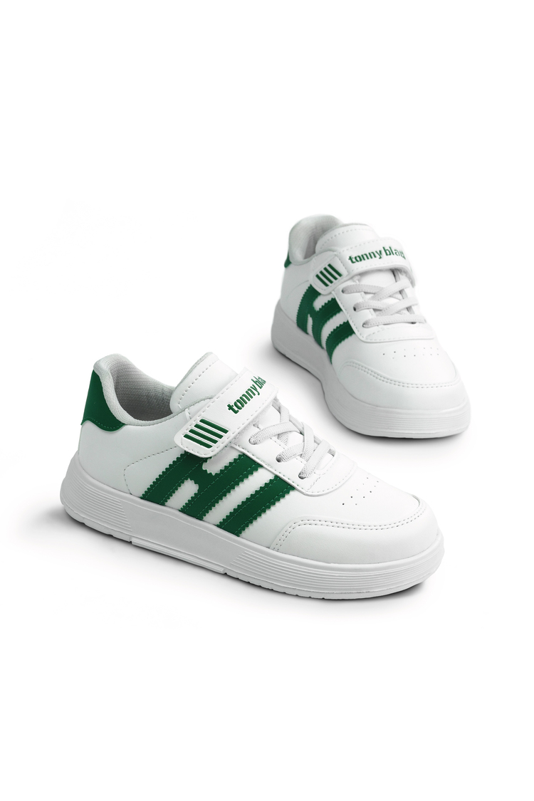 Rahat Kalıp Düz Hafif  Tabanlı Sneaker Çocuk Unisex Beyaz Yeşil Sneaker TBÖZC1903