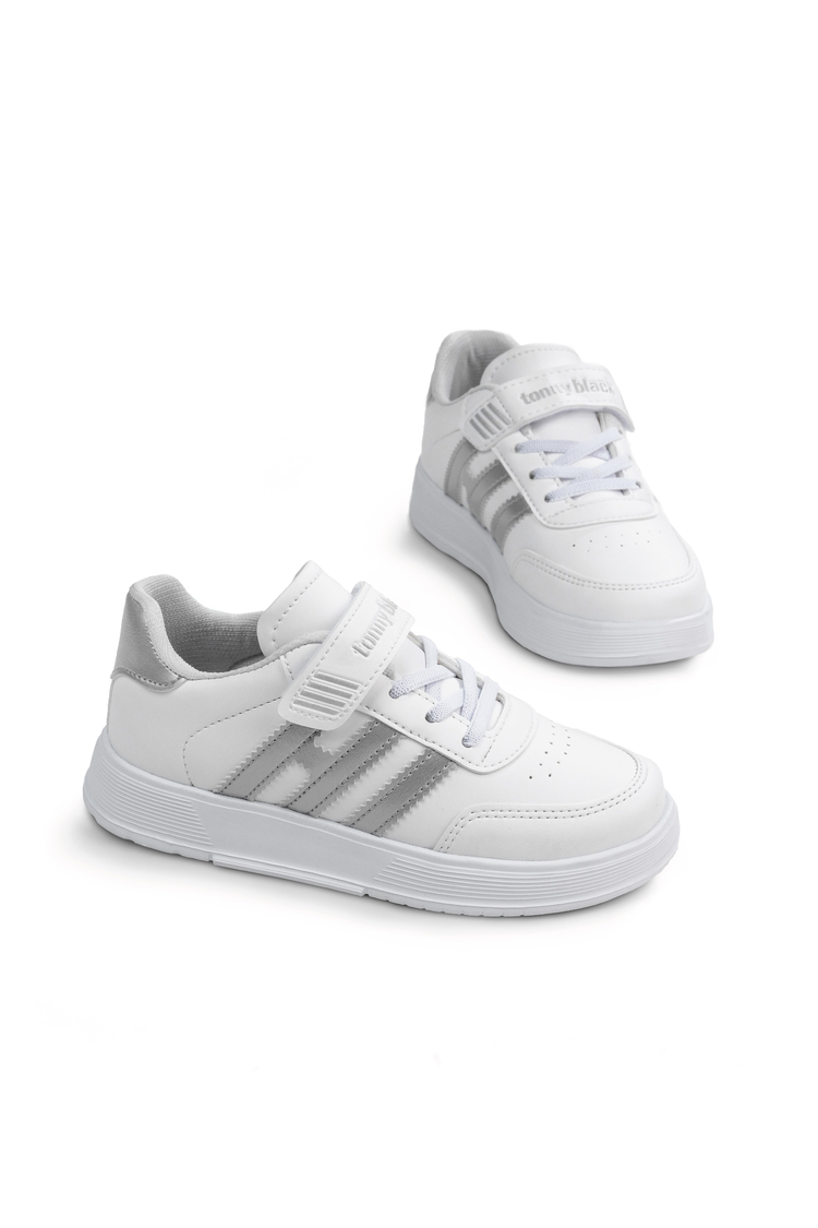 Rahat Kalıp Düz Hafif  Tabanlı Sneaker Çocuk Unisex Beyaz Gümüş Sneaker TBÖZC1903