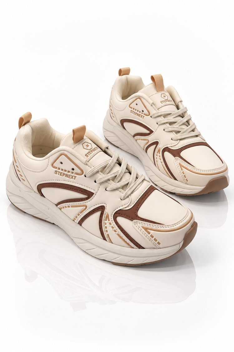 Rahat Kalıp Faylon Taban Bağcıklı Sneaker Kadın Bej Kahve Sneaker TBDR8002