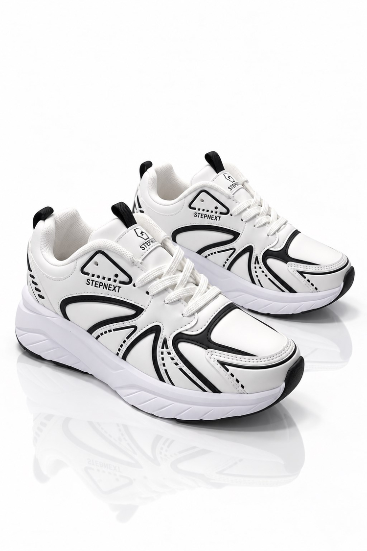 Rahat Kalıp Faylon Taban Bağcıklı Sneaker Kadın Beyaz Siyah Sneaker TBDR8002