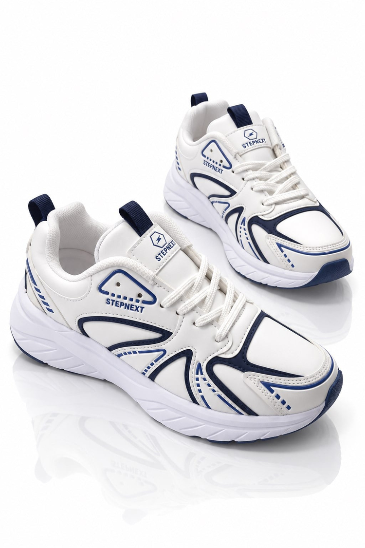 Rahat Kalıp Faylon Taban Bağcıklı Sneaker Kadın Beyaz Lacivert Sneaker TBDR8002